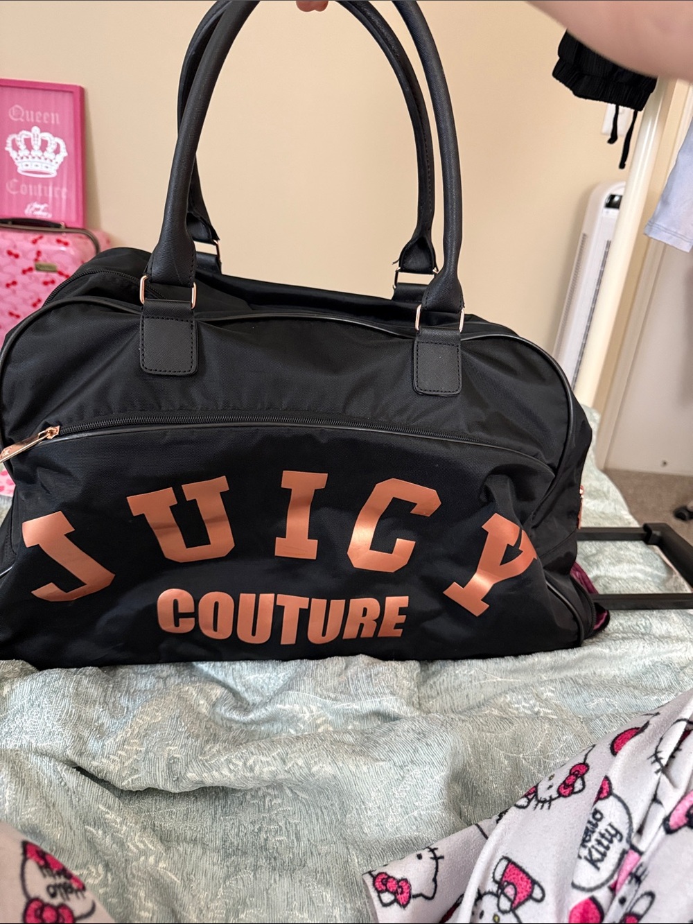 Juicy Couture Black Travel Duffle with Metallic Rose Gold Logo